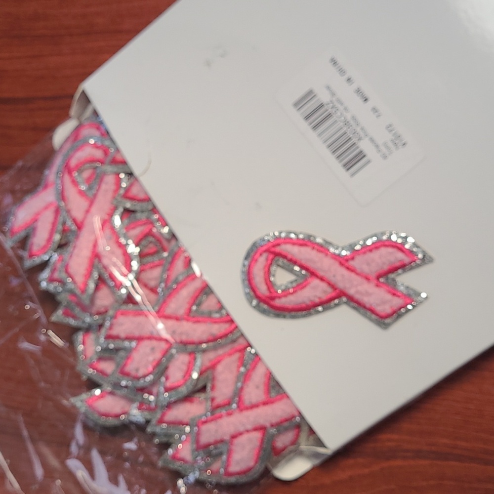 New in box! Set of 60 sew or iron on patches pink ribbon Breast cancer awareness
